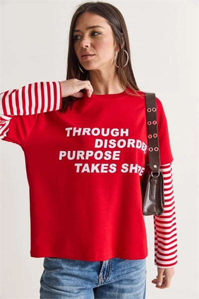 Yazı Baskılı Çizgili Katmanlı Kol Oversize Sweatshirt