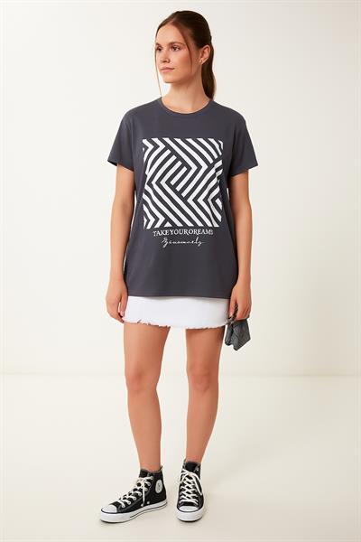 Zikzak Desen Baskılı Oversize Tshirt