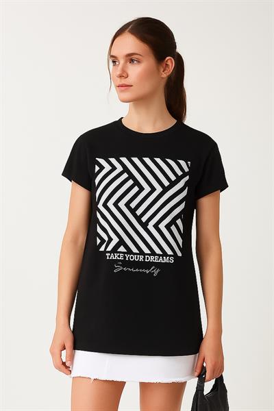 Zikzak Desen Baskılı Oversize Tshirt