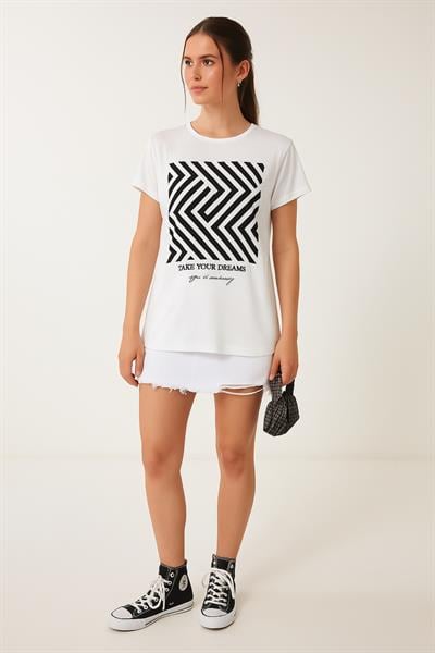 Zikzak Desen Baskılı Oversize Tshirt