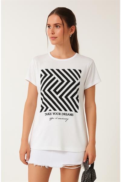 Zikzak Desen Baskılı Oversize Tshirt