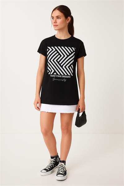 Zikzak Desen Baskılı Oversize Tshirt