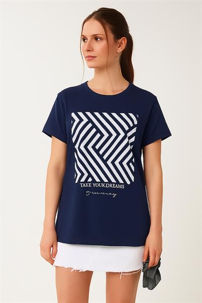 Zikzak Desen Baskılı Oversize Tshirt
