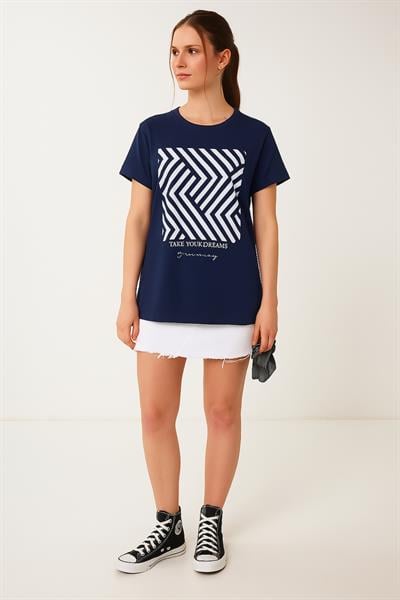 Zikzak Desen Baskılı Oversize Tshirt