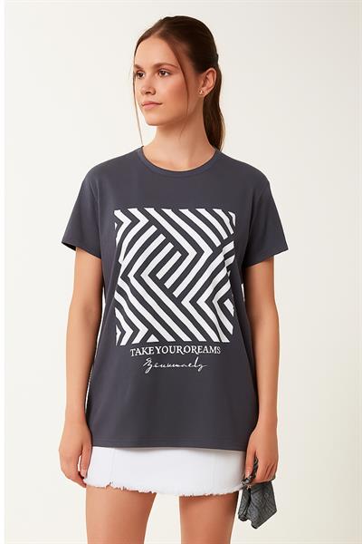 Zikzak Desen Baskılı Oversize Tshirt