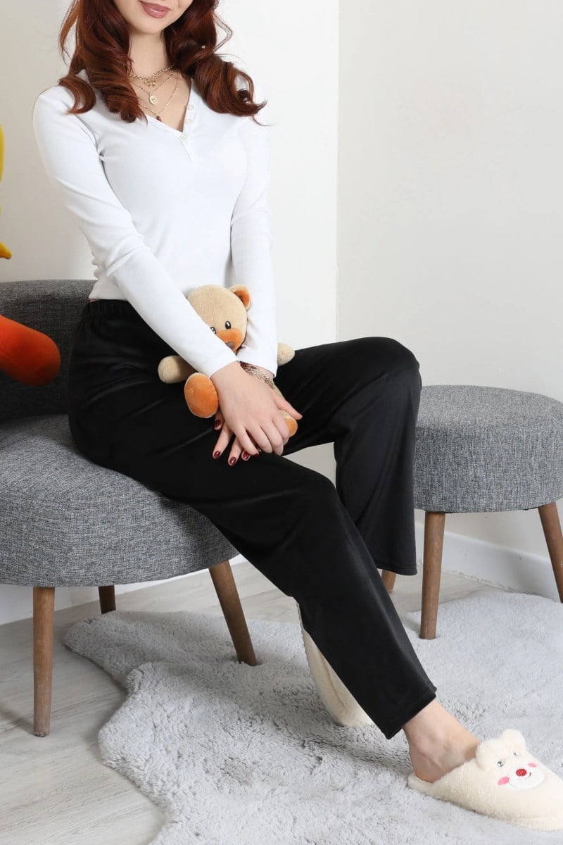 Beli Fiyonklu Kadife Pijama AltıKADIN PİJAMA ALTI