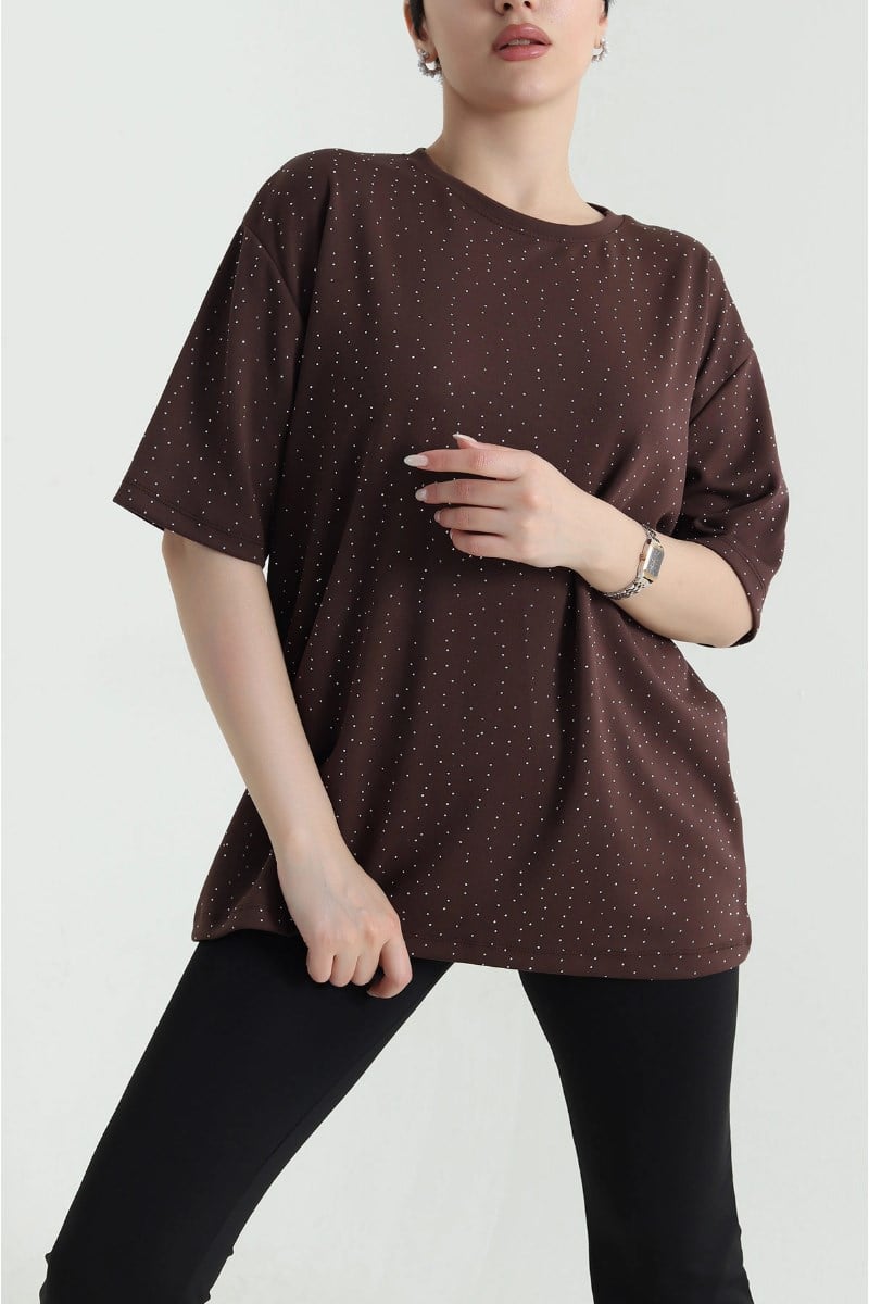 Bisiklet Yaka Serpme Taşlı Modal TshirtKADIN T-SHİRT