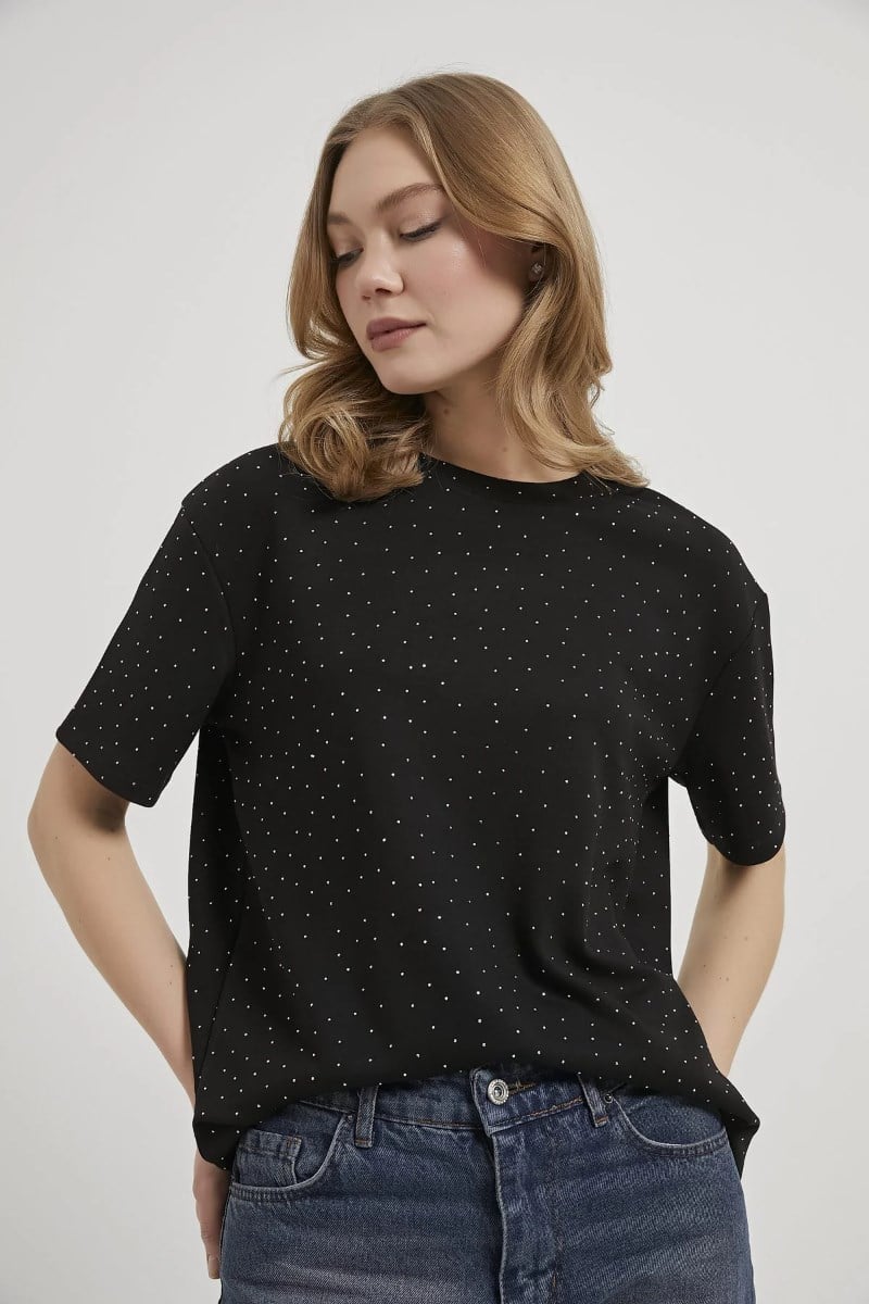 Bisiklet Yaka Serpme Taşlı Modal TshirtKADIN T-SHİRT
