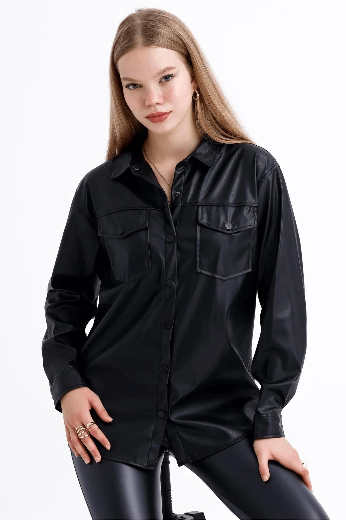 Çift Cep Deri GömlekKADIN GÖMLEK