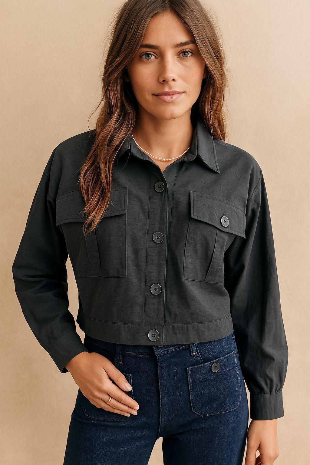 Çift Cepli Crop GömlekKADIN GÖMLEK