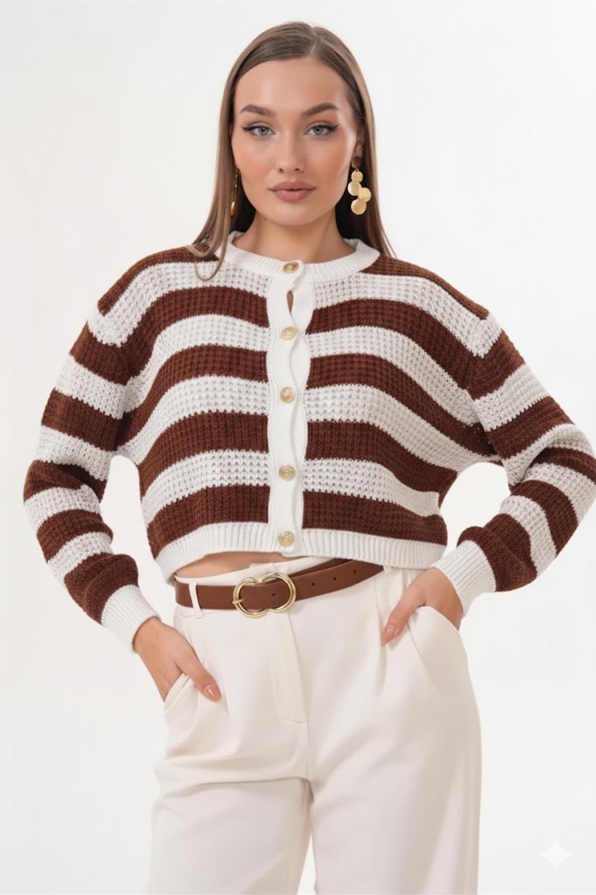 Çizgi Desenli Düğme Kapamalı Triko Örme HırkaKADIN HIRKA