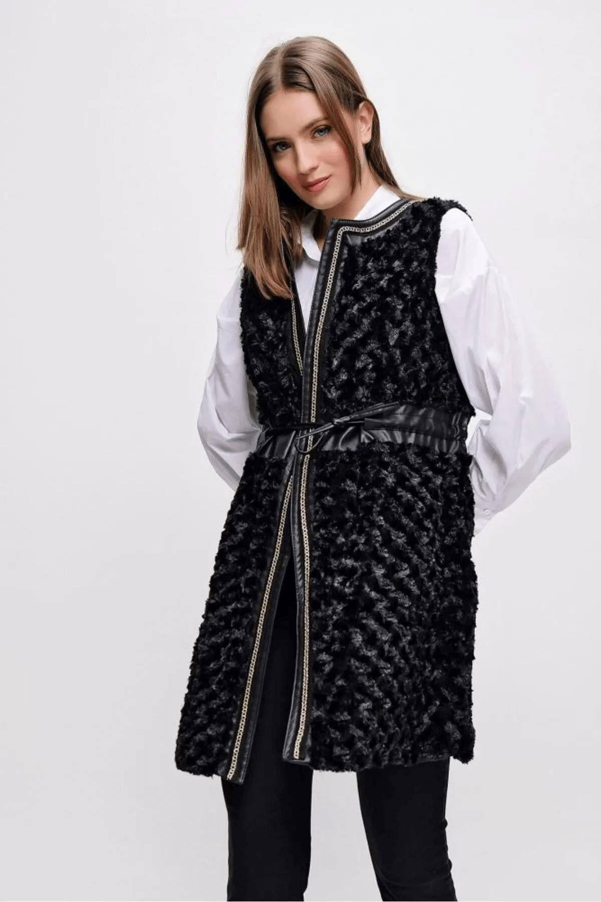 Deri Garnili Peluş YelekKADIN YELEK