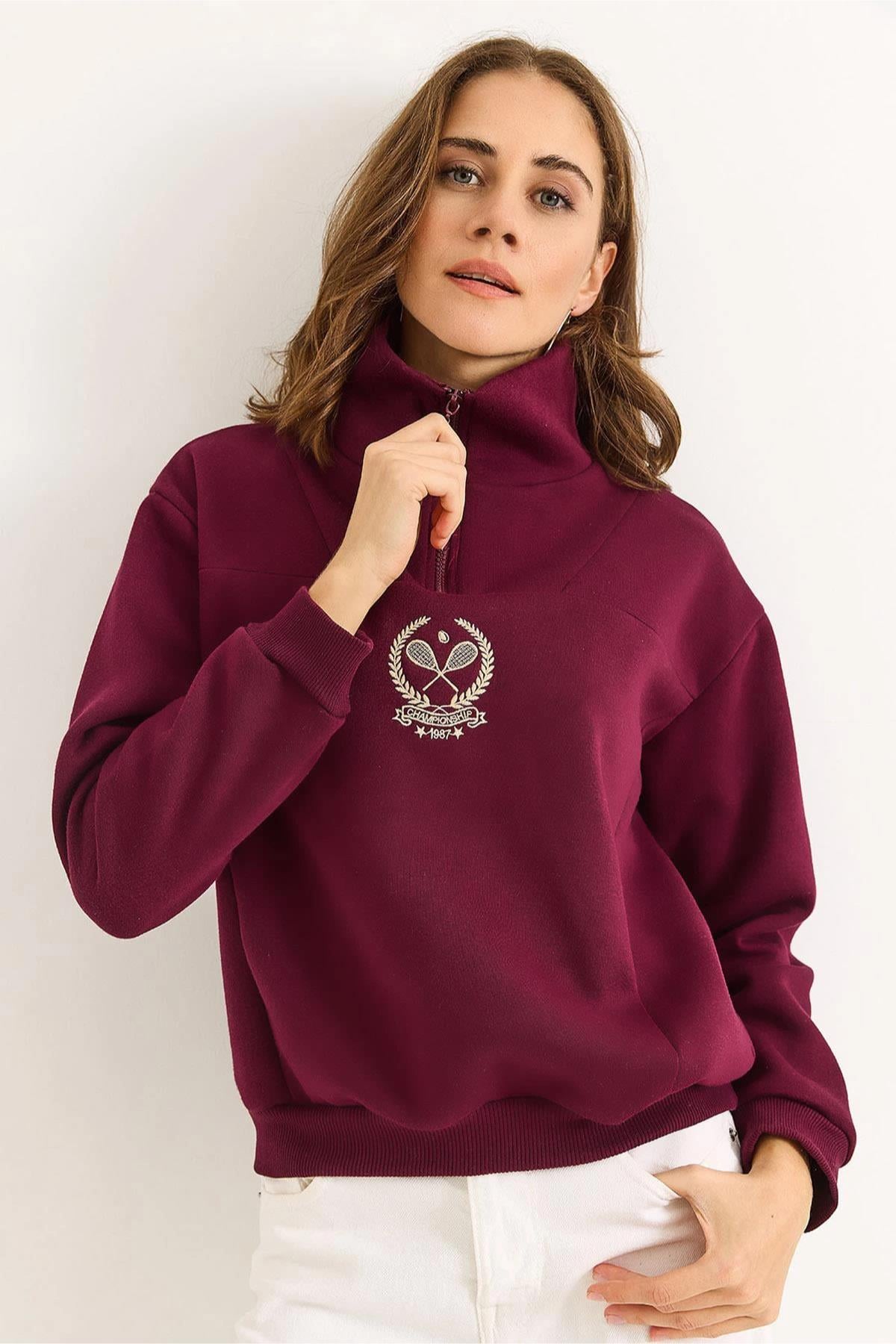 Dik Yaka Fermuarlı Roket Baskılı SweatshirtKADIN SWEATSHİRT