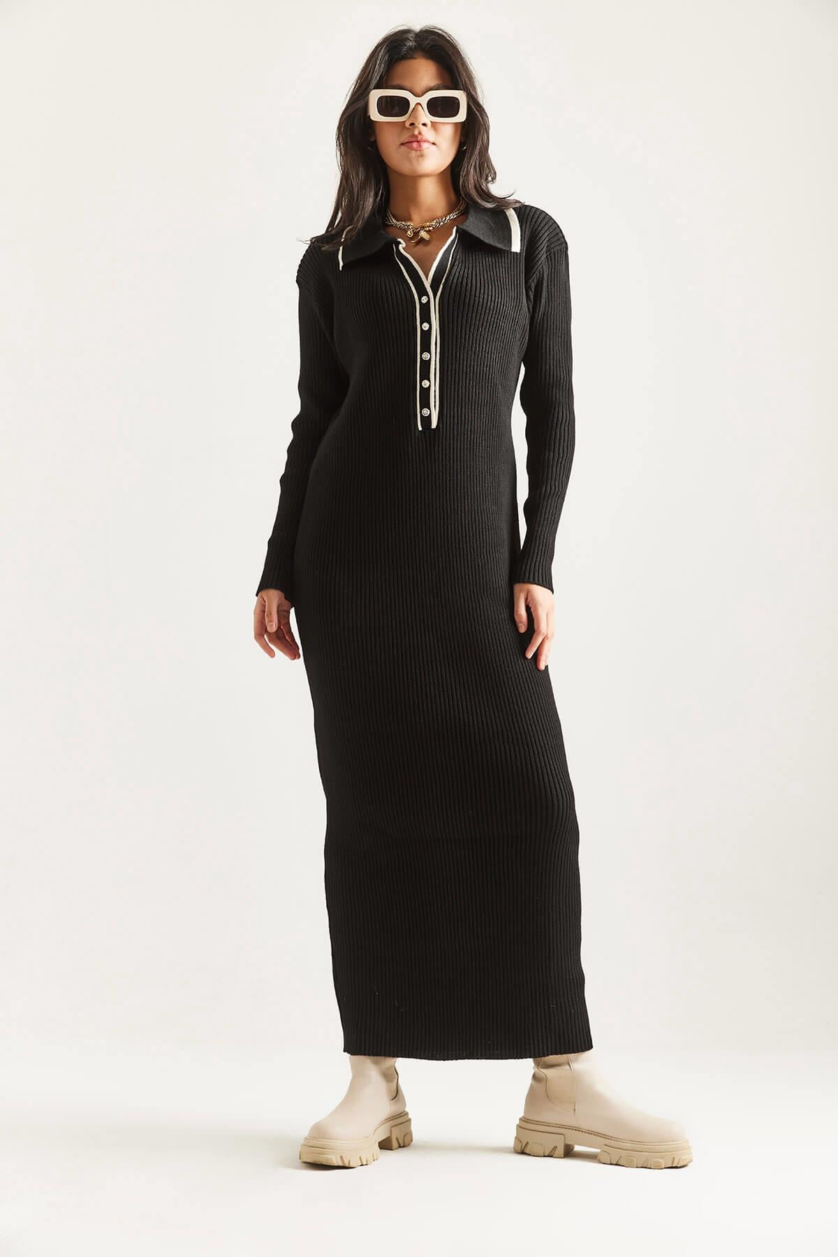 Düğmeli Triko ElbiseKADIN ELBİSE