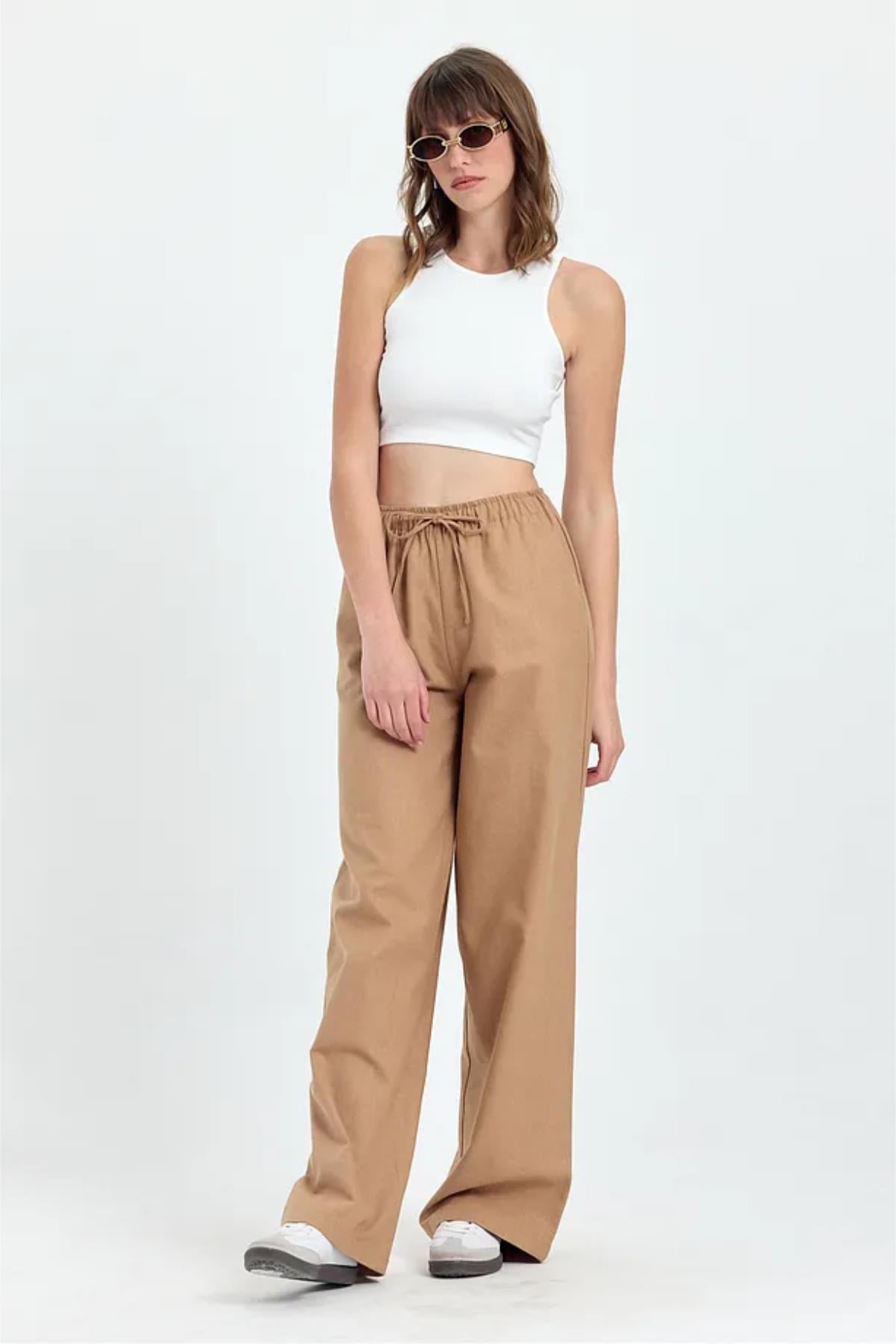 Düşük Bel Tencel Kumaş Salaş PantolonKADIN PANTOLON