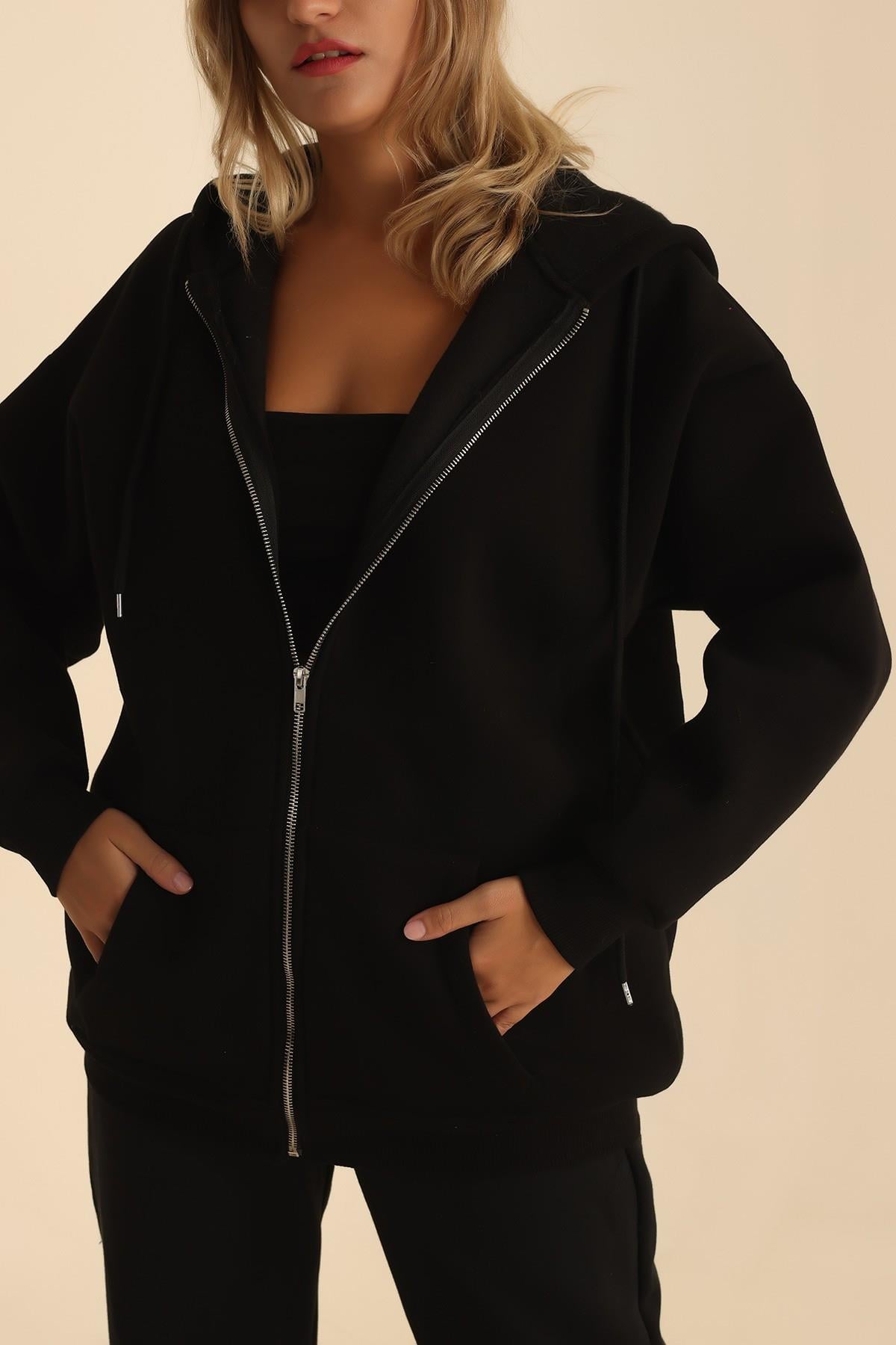 Fermuarlı Kapşonlu 3 İp SweatKADIN SWEATSHİRT