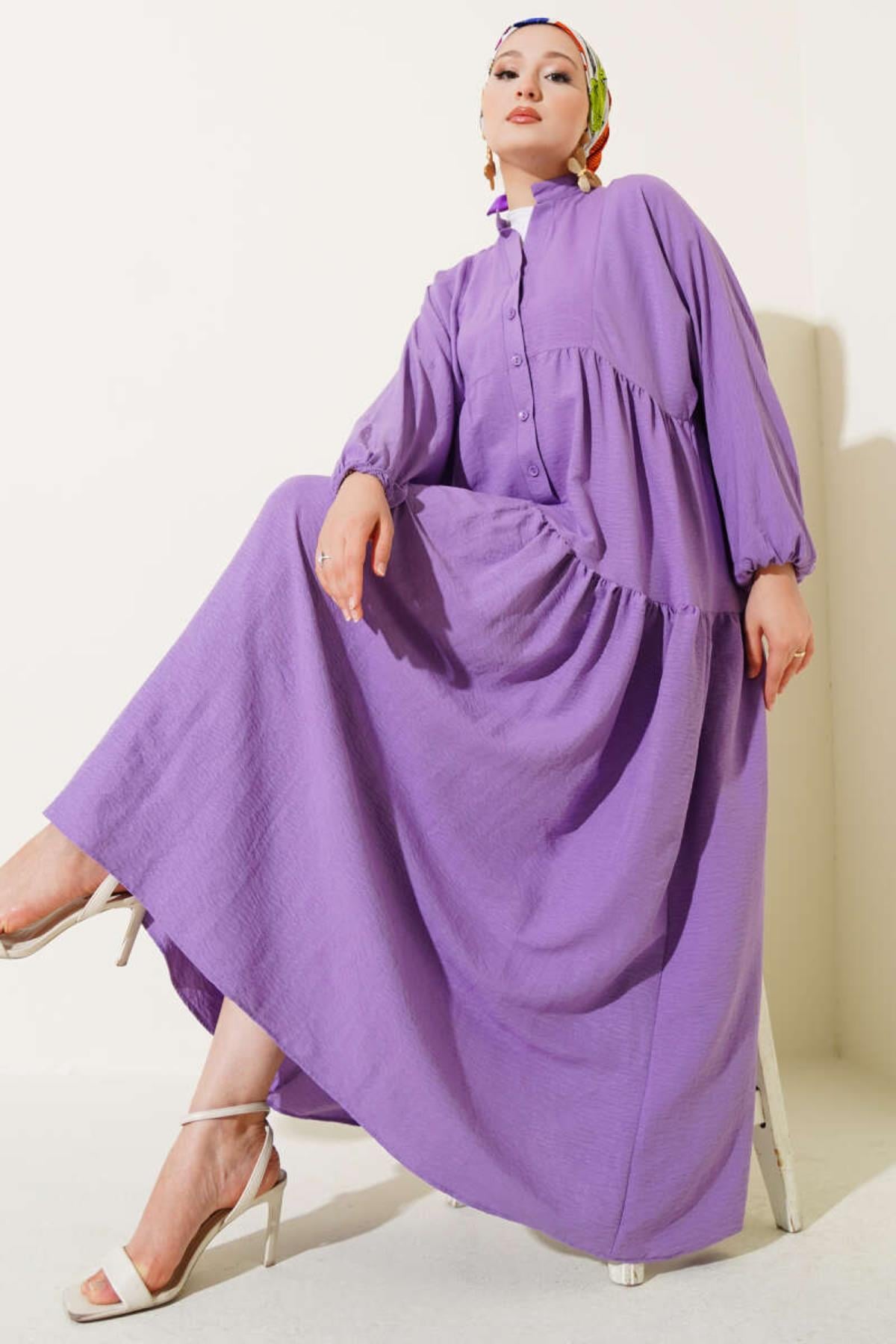 Hakim Yaka Yarım Düğmeli Patlı ElbiseKADIN ELBİSE