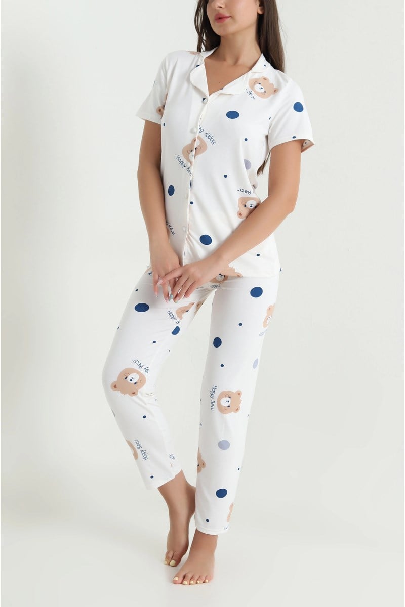 Happy Ayıcık Desenli Milan Kumaş Pijama TakımıKADIN PİJAMA TAKIMI