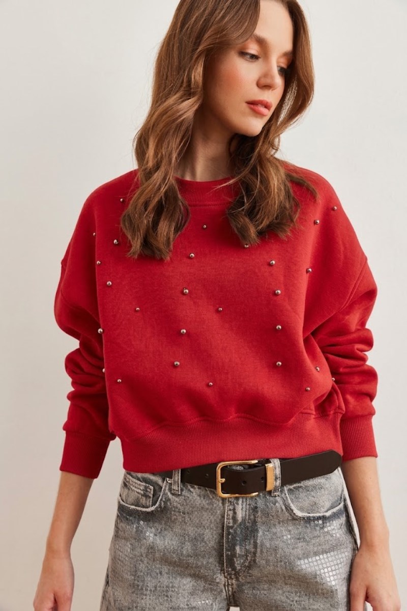 İnci Detaylı Şardonlu Crop 3 İp SweatshirtKADIN SWEATSHİRT