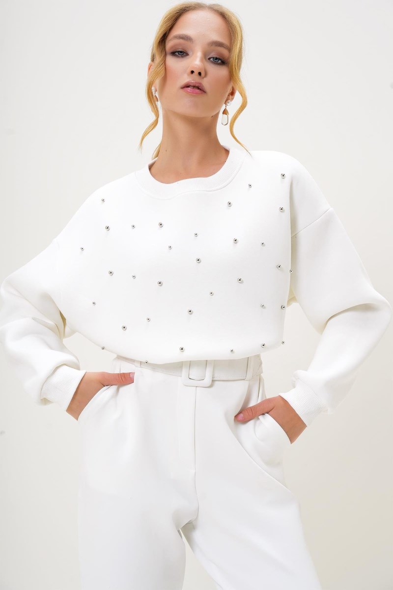 İnci Detaylı Şardonlu Crop 3 İp SweatshirtKADIN SWEATSHİRT