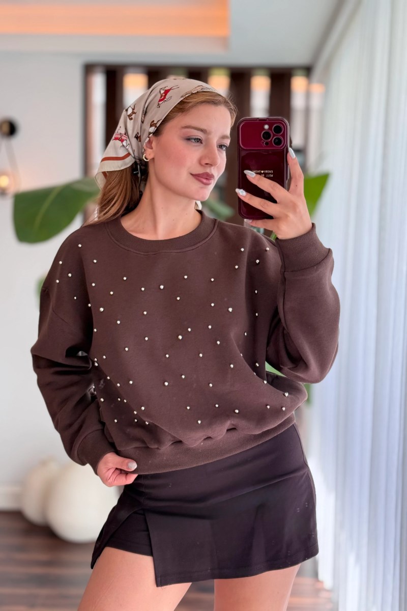 İnci Detaylı Şardonlu Crop 3 İp SweatshirtKADIN SWEATSHİRT