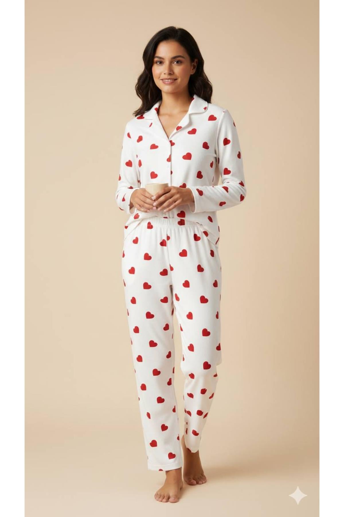Kalp Desenli Süet Pijama TakımıKADIN PİJAMA TAKIMI