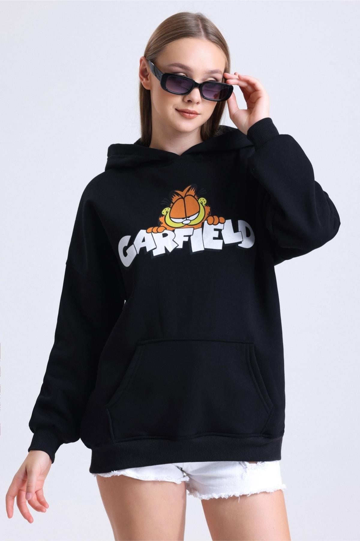 Kapşonlu Garfield Baskı Üç İp SweatKADIN SWEATSHİRT