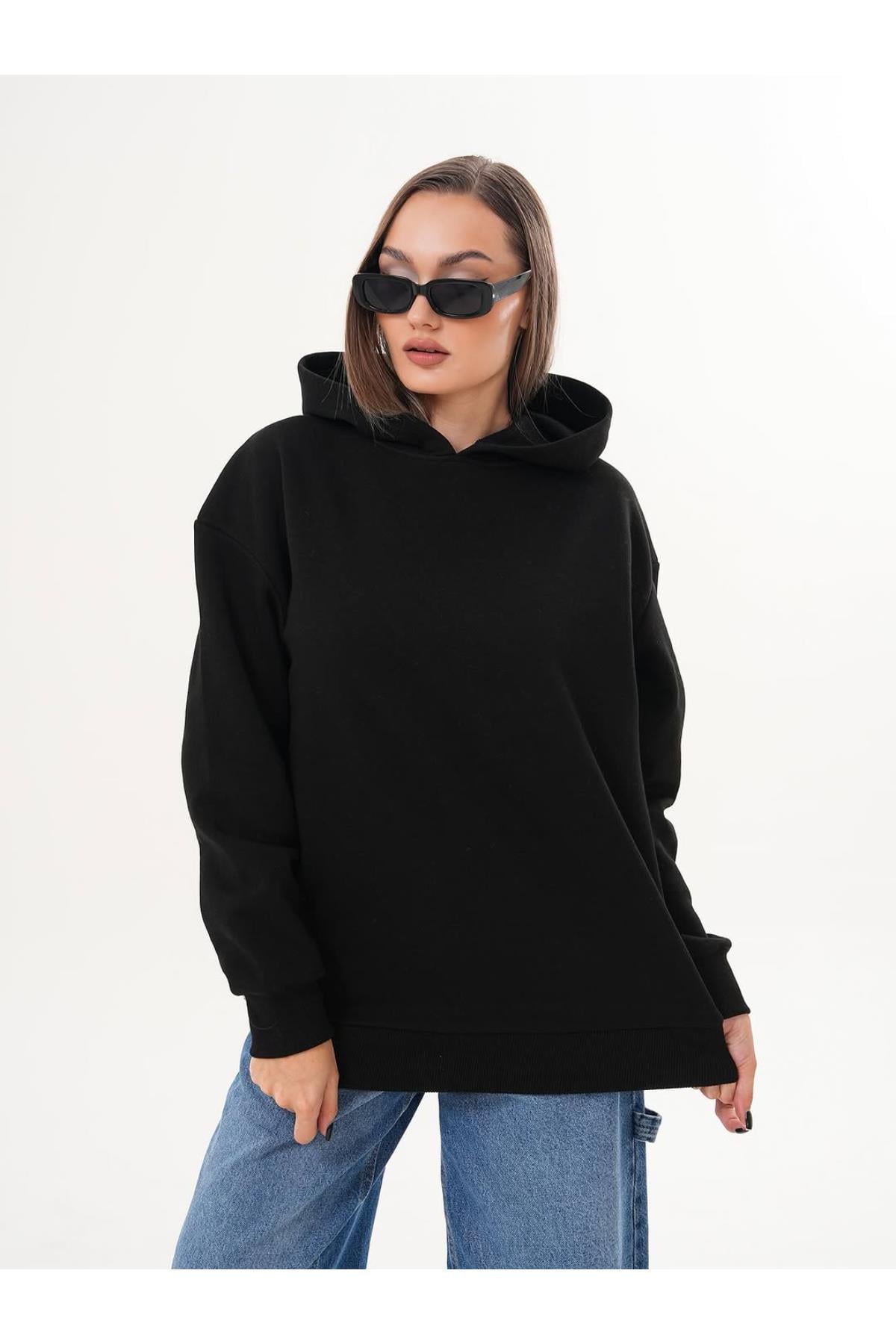 Kapüşonlu Düz Basic SweatshirtKADIN SWEATSHİRT