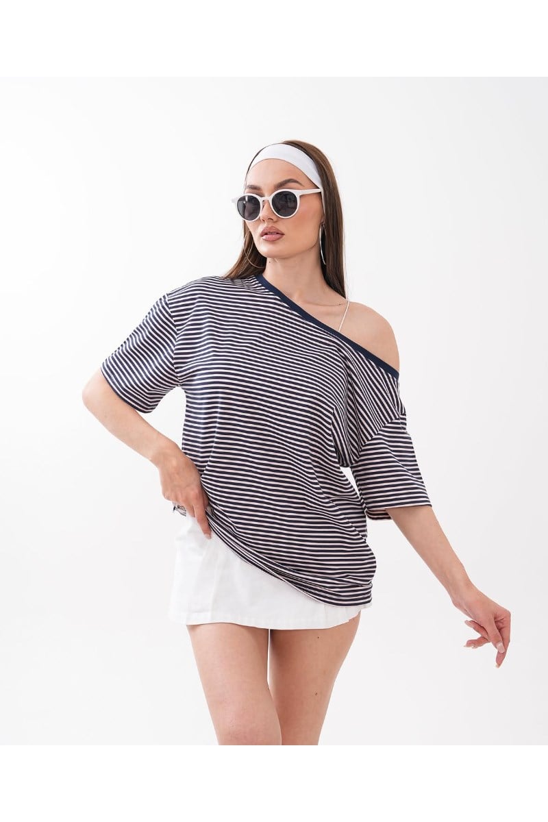 Kayık Yaka Çizgili TshirtKADIN T-SHİRT
