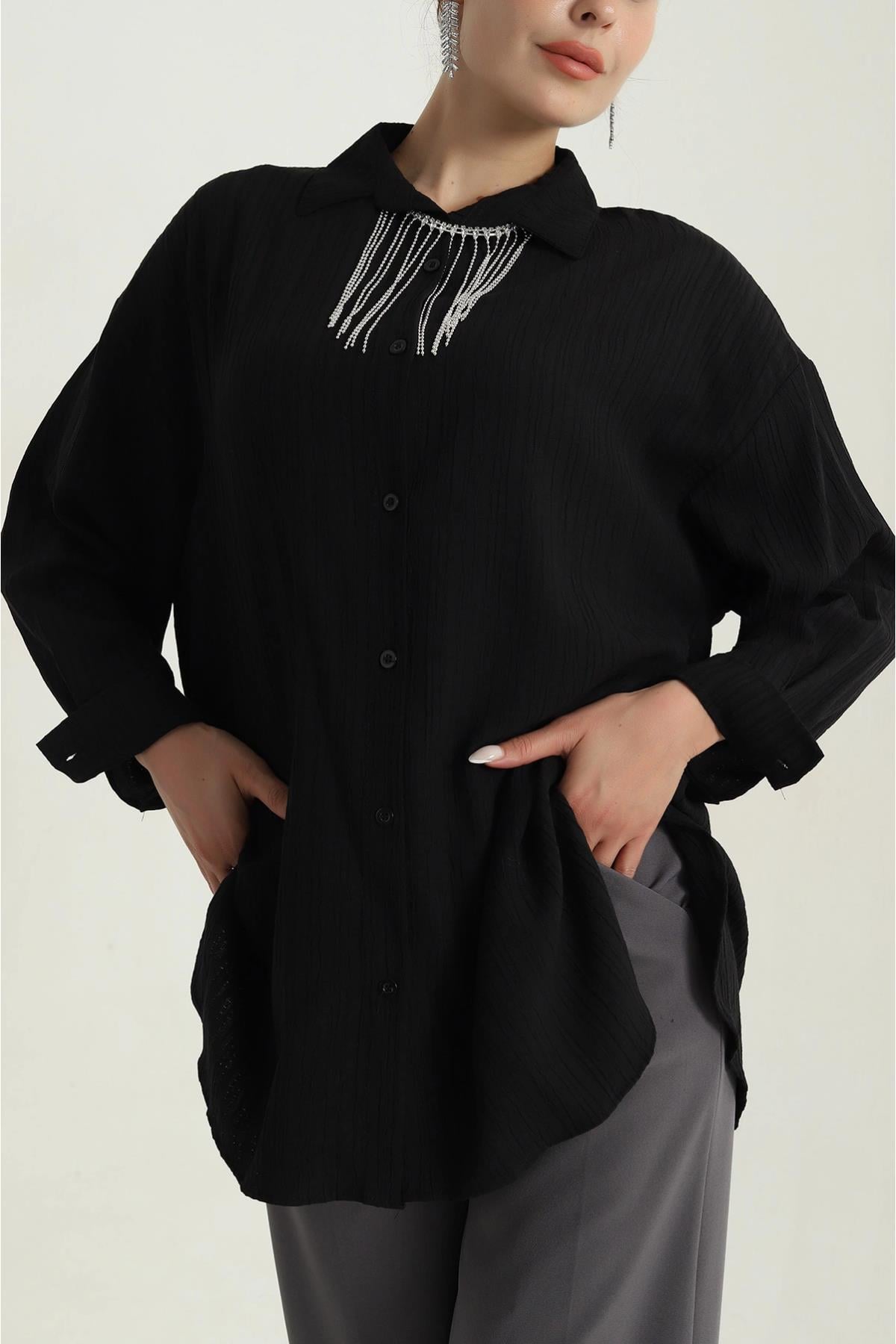 Kolye Detaylı Kırışık Model GömlekKADIN GÖMLEK