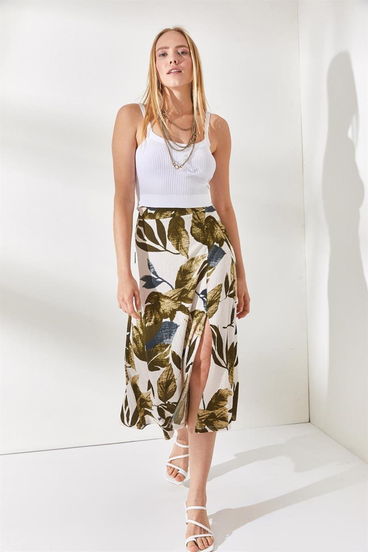 Burnout Floral Yan Yırtmaçlı Etek