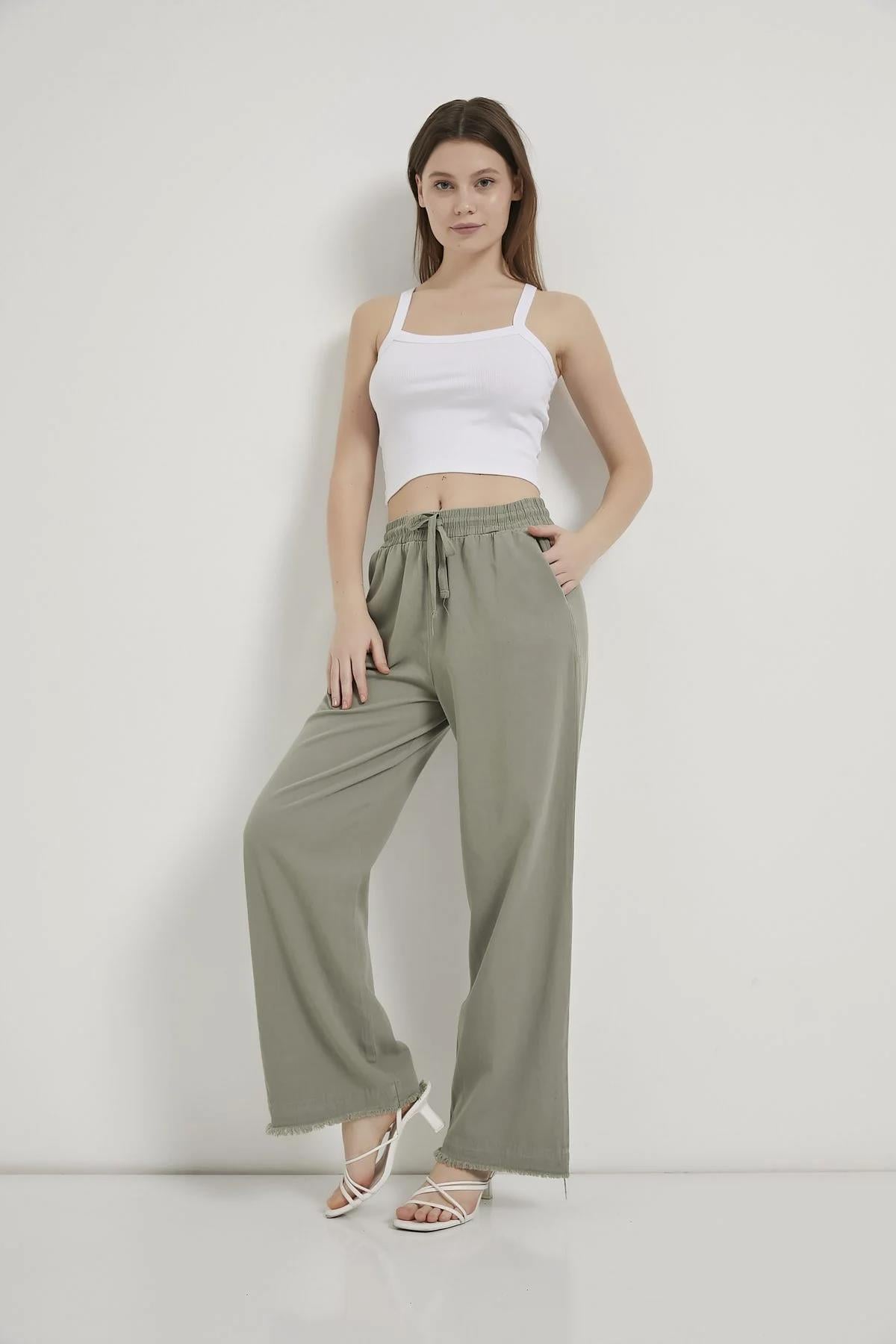Paça Püsküllü Bol Paça Gabardin PantolonKADIN PANTOLON