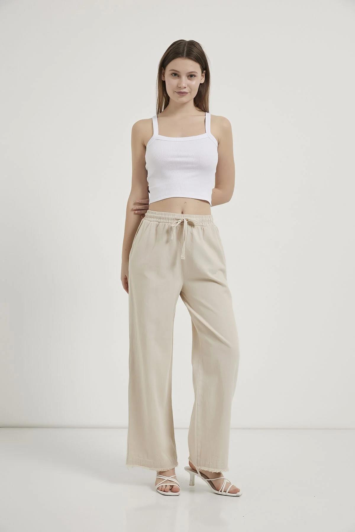 Paça Püsküllü Bol Paça Gabardin PantolonKADIN PANTOLON