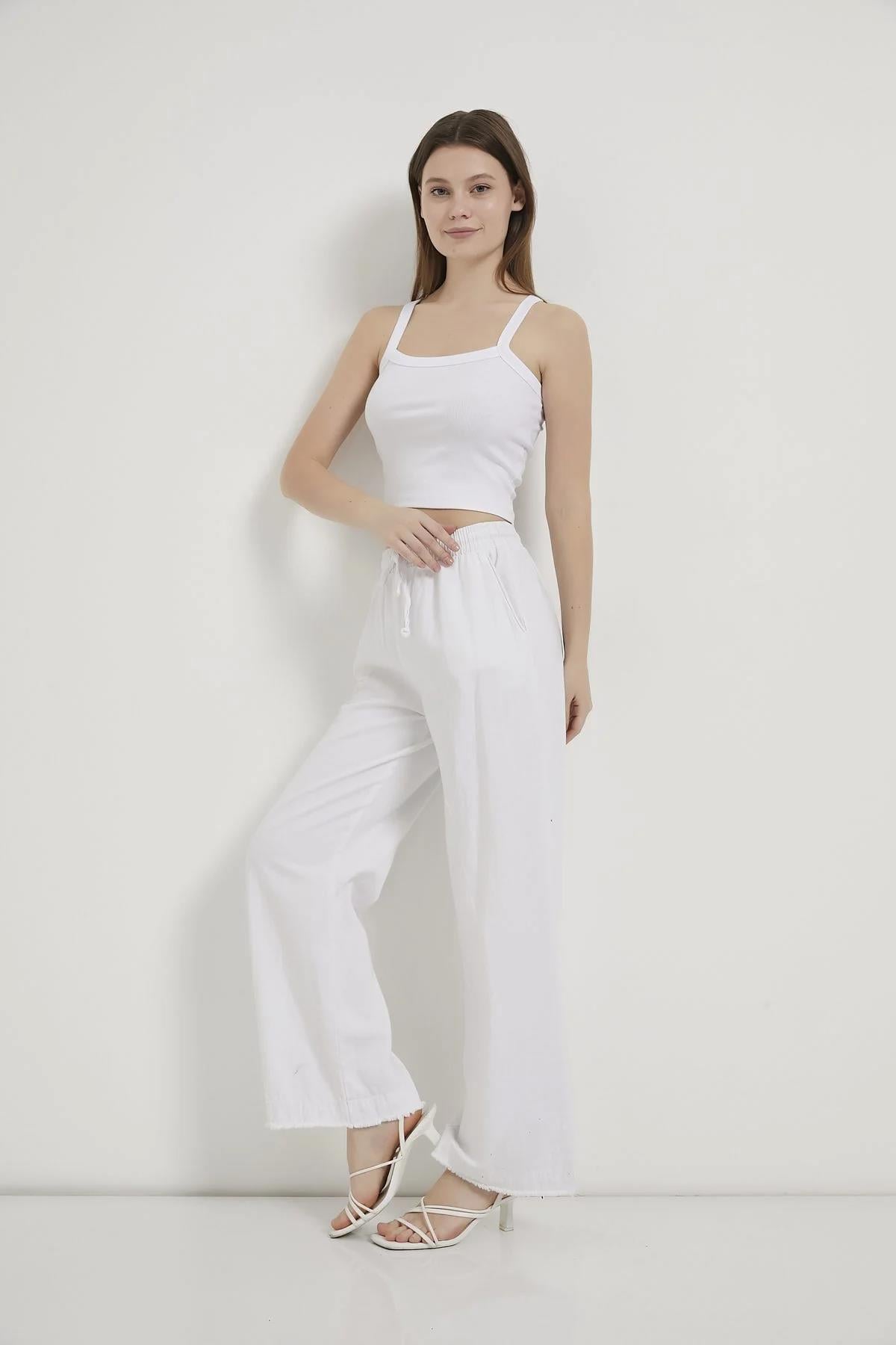 Paça Püsküllü Bol Paça Gabardin PantolonKADIN PANTOLON