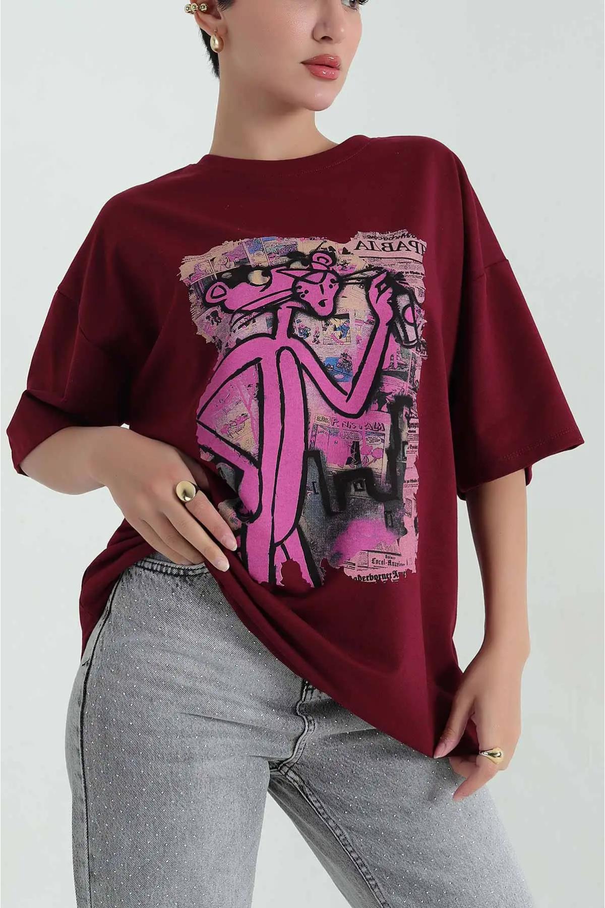 Pembe Panter Baskılı Oversize TshirtKADIN T-SHİRT