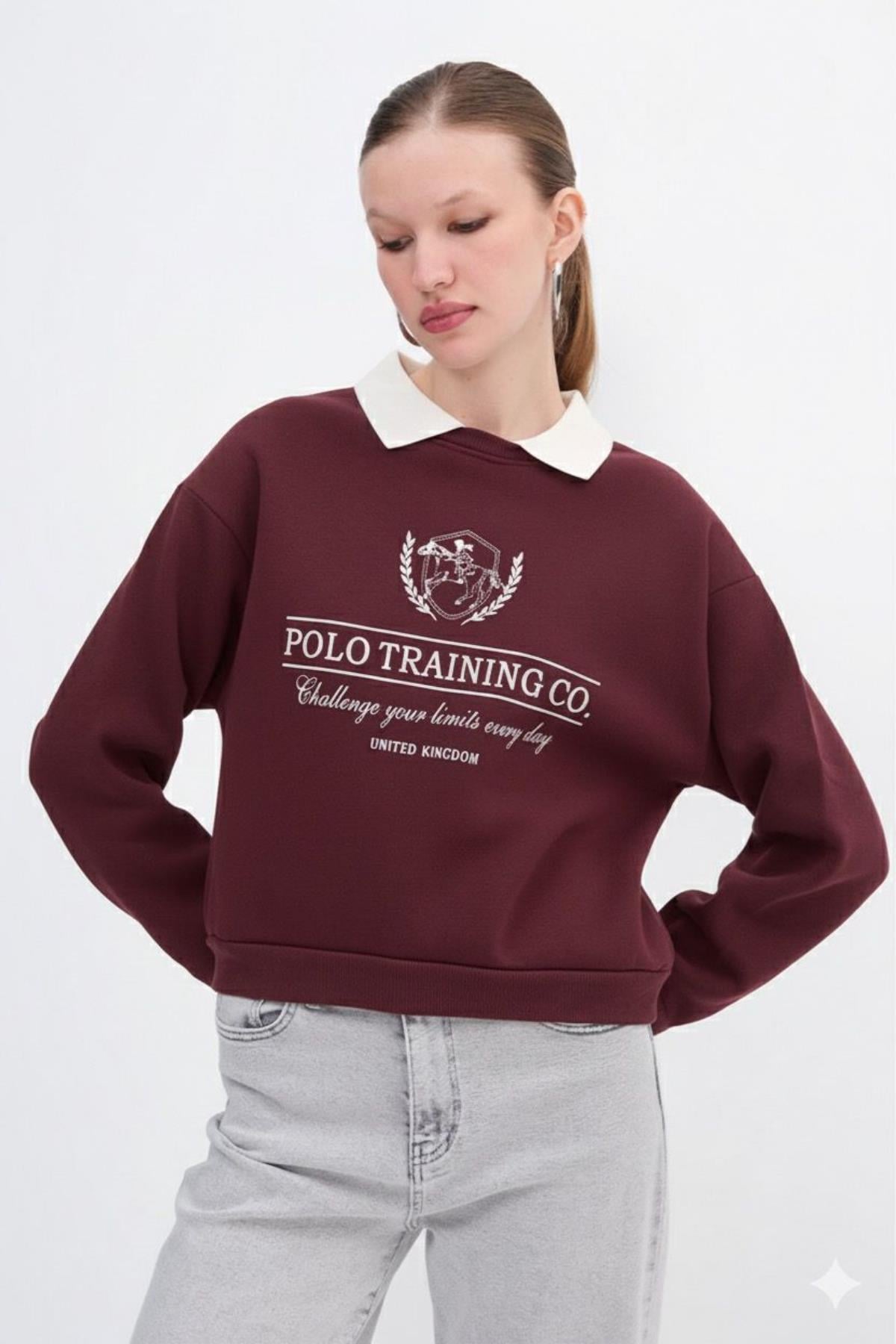 Polo Yakalı Nakış İşlemeli SweatshirtKADIN SWEATSHİRT