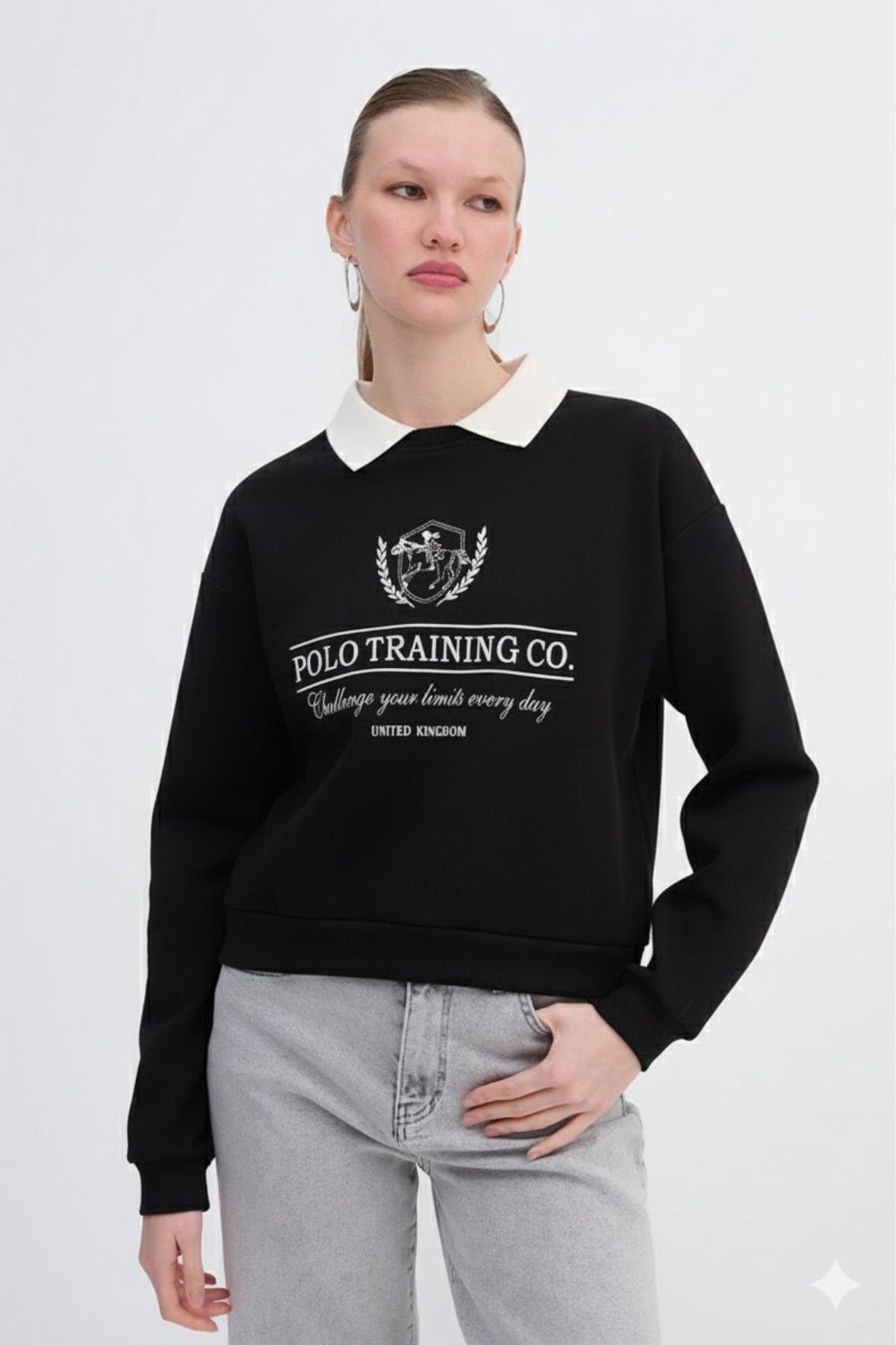 Polo Yakalı Nakış İşlemeli SweatshirtKADIN SWEATSHİRT