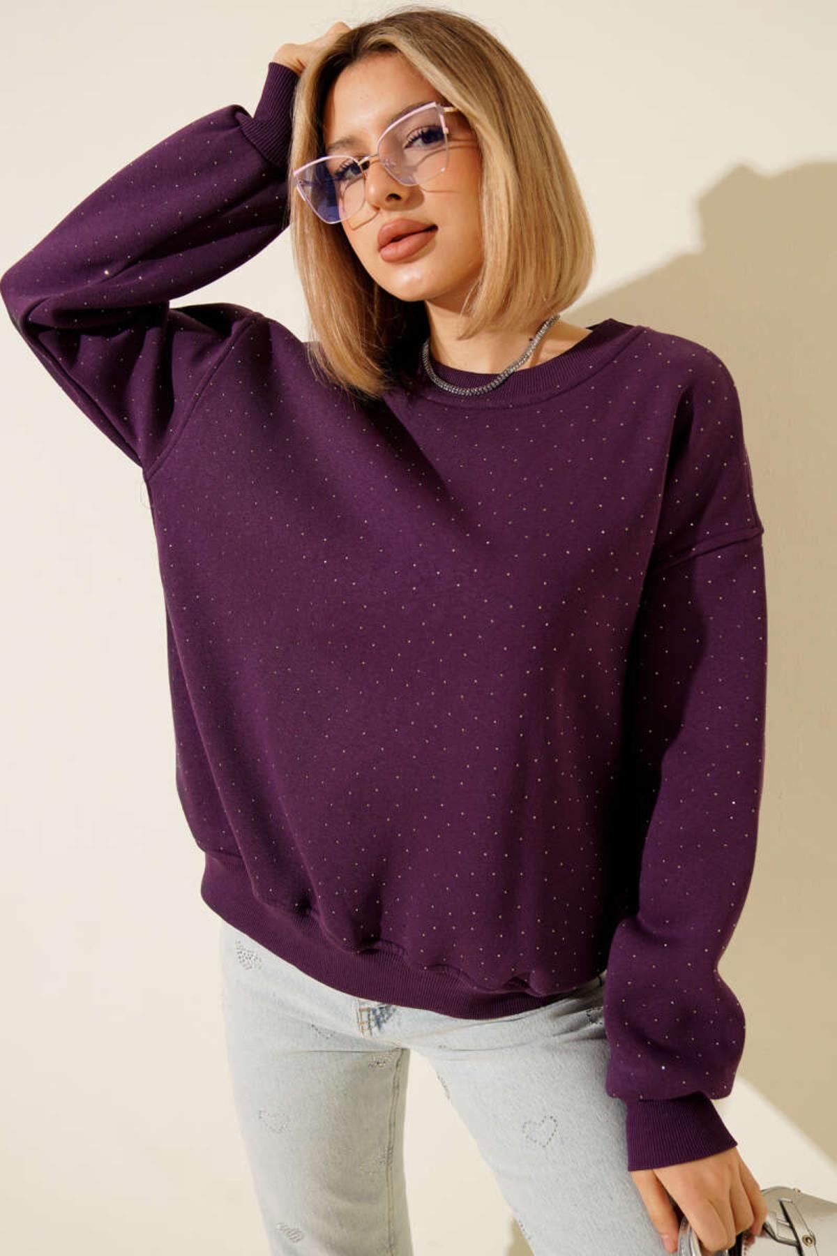 Serpme Taşlı Üç İplik SweatshirtKADIN SWEATSHİRT