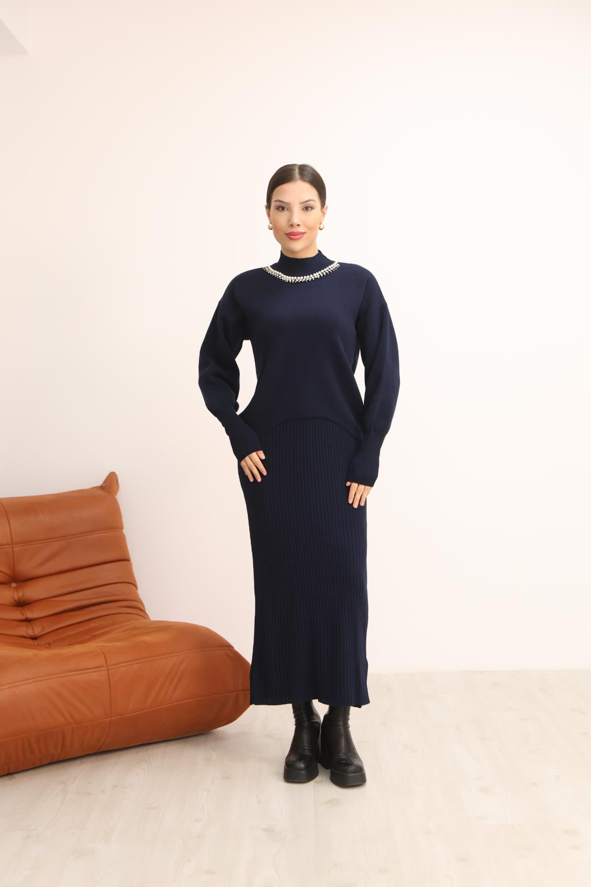 Taşlı Bluz Jile Elbise TakımKADIN ALT - ÜST TAKIM
