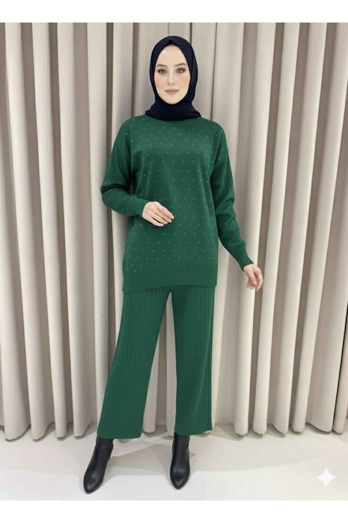 Taşlı Tunik Fitilli Pantolon İkili TakımKADIN ALT - ÜST TAKIM