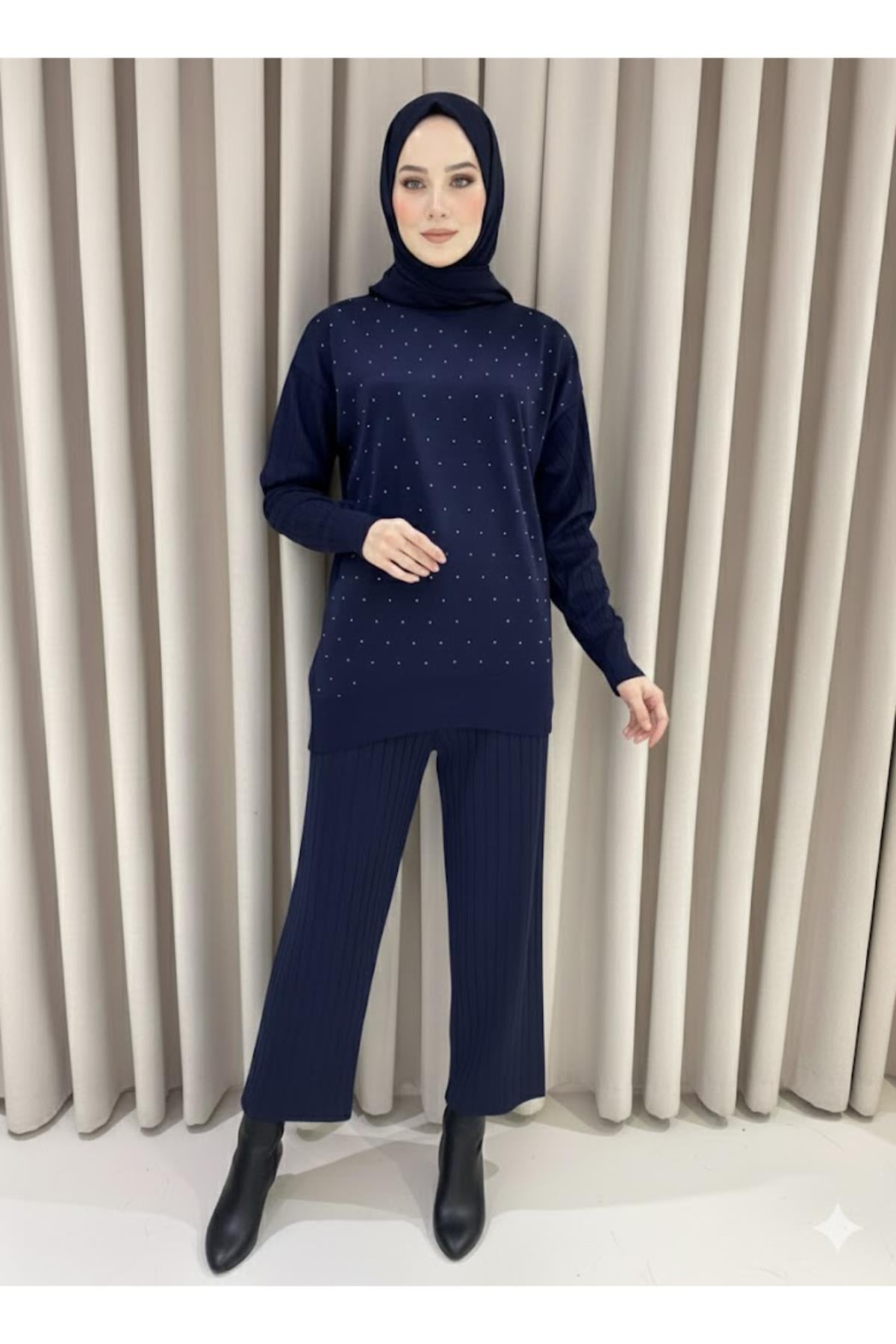 Taşlı Tunik Fitilli Pantolon İkili TakımKADIN ALT - ÜST TAKIM