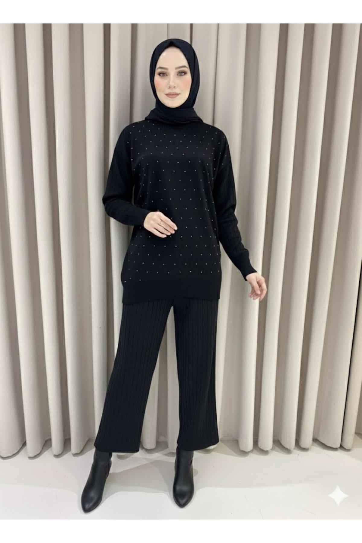 Taşlı Tunik Fitilli Pantolon İkili TakımKADIN ALT - ÜST TAKIM