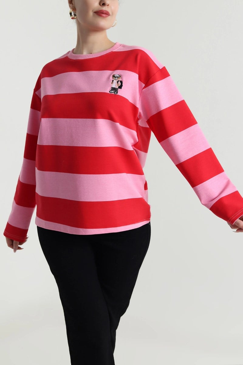 Uzun Kollu Çizgili Ayıcık Nakışlı SweatshirtKADIN SWEATSHİRT