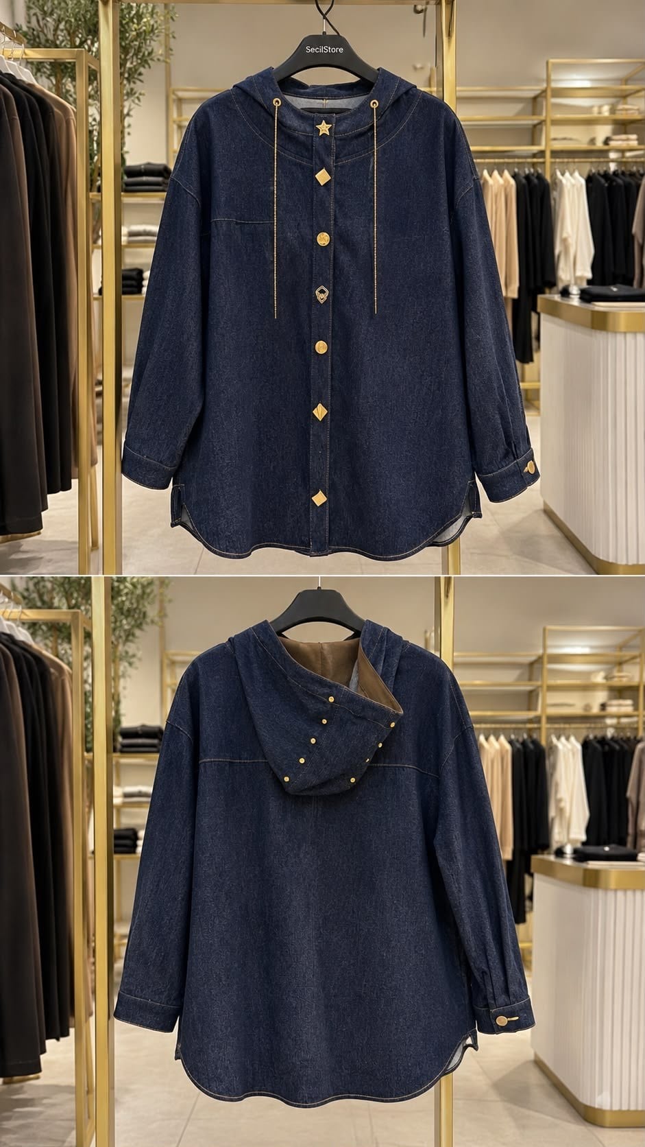 Ceremony Çıt Çıtları Farklı Kapşonlu Örme Denim Kap