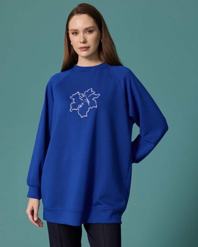 Seçil Çicek Aplikli Sweat Shirt Sax