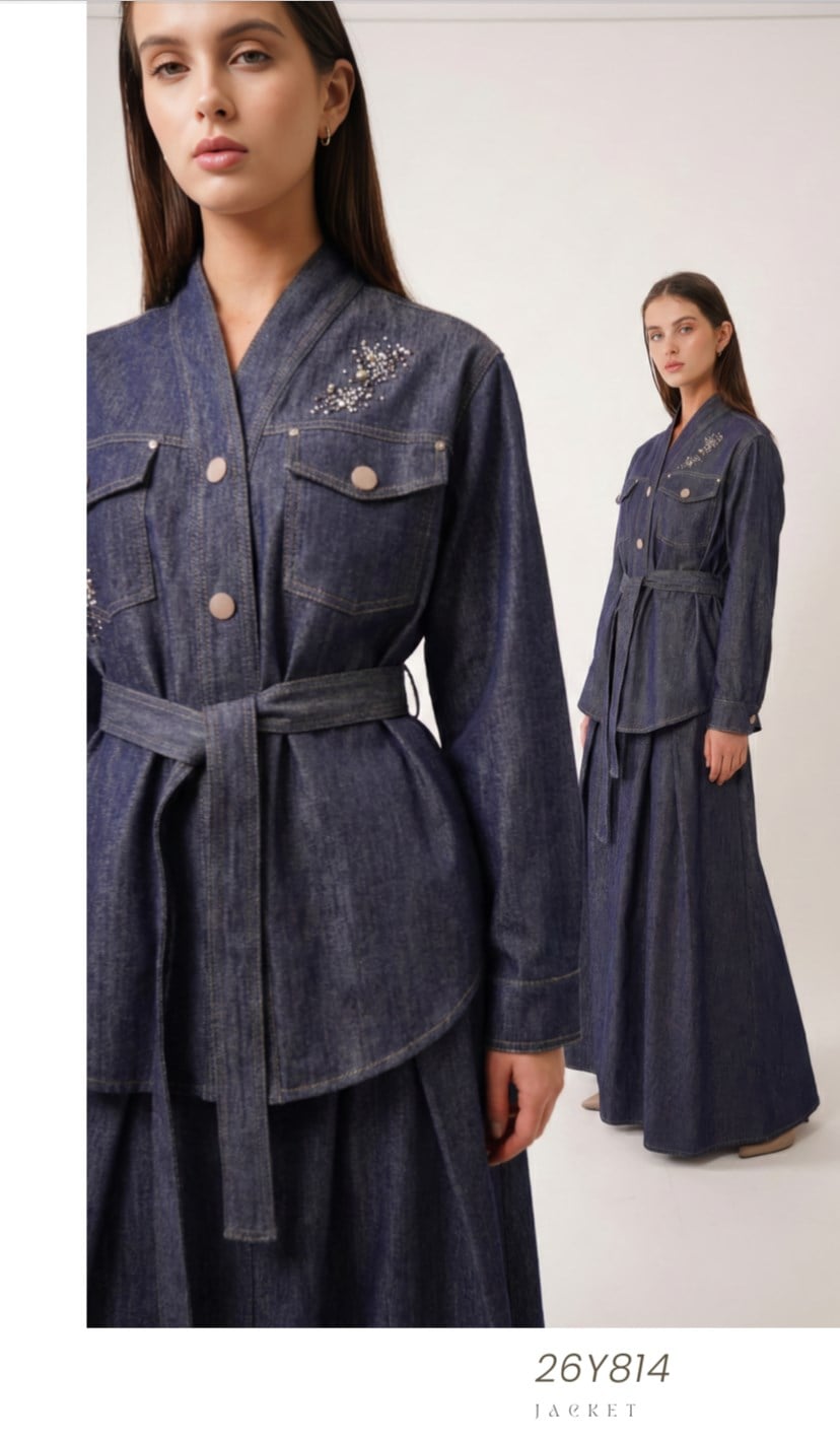 CEREMENY ÖNDEN ÇITÇIT DETAYLI BELDEN KUŞAKLI DENİM KAP