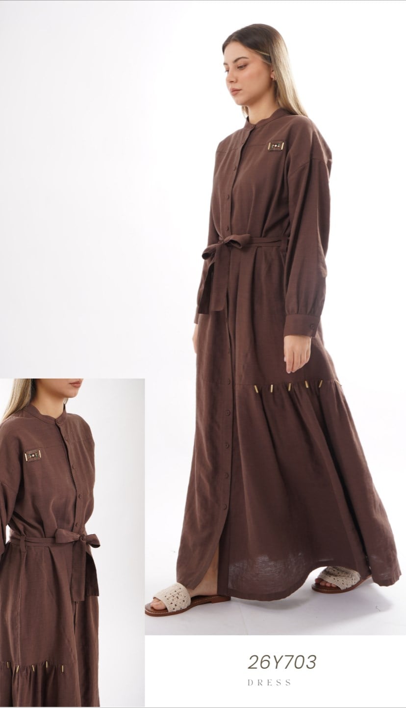 CEREMONY HAKİM YAKA KETEN ELBİSE