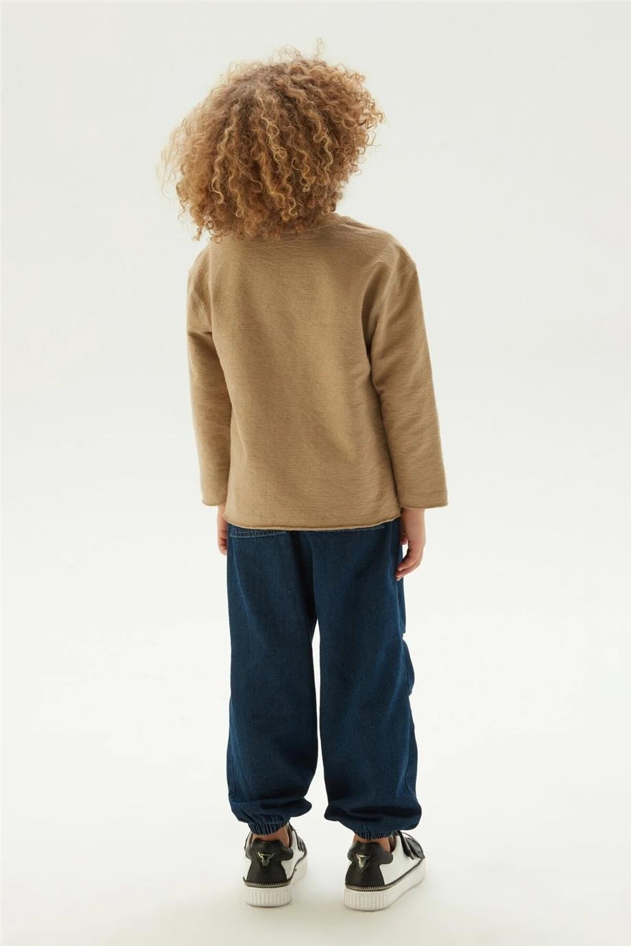 Nebbati Erkek Çocuk Yaka Kol Detaylı Bej Sweatshirt