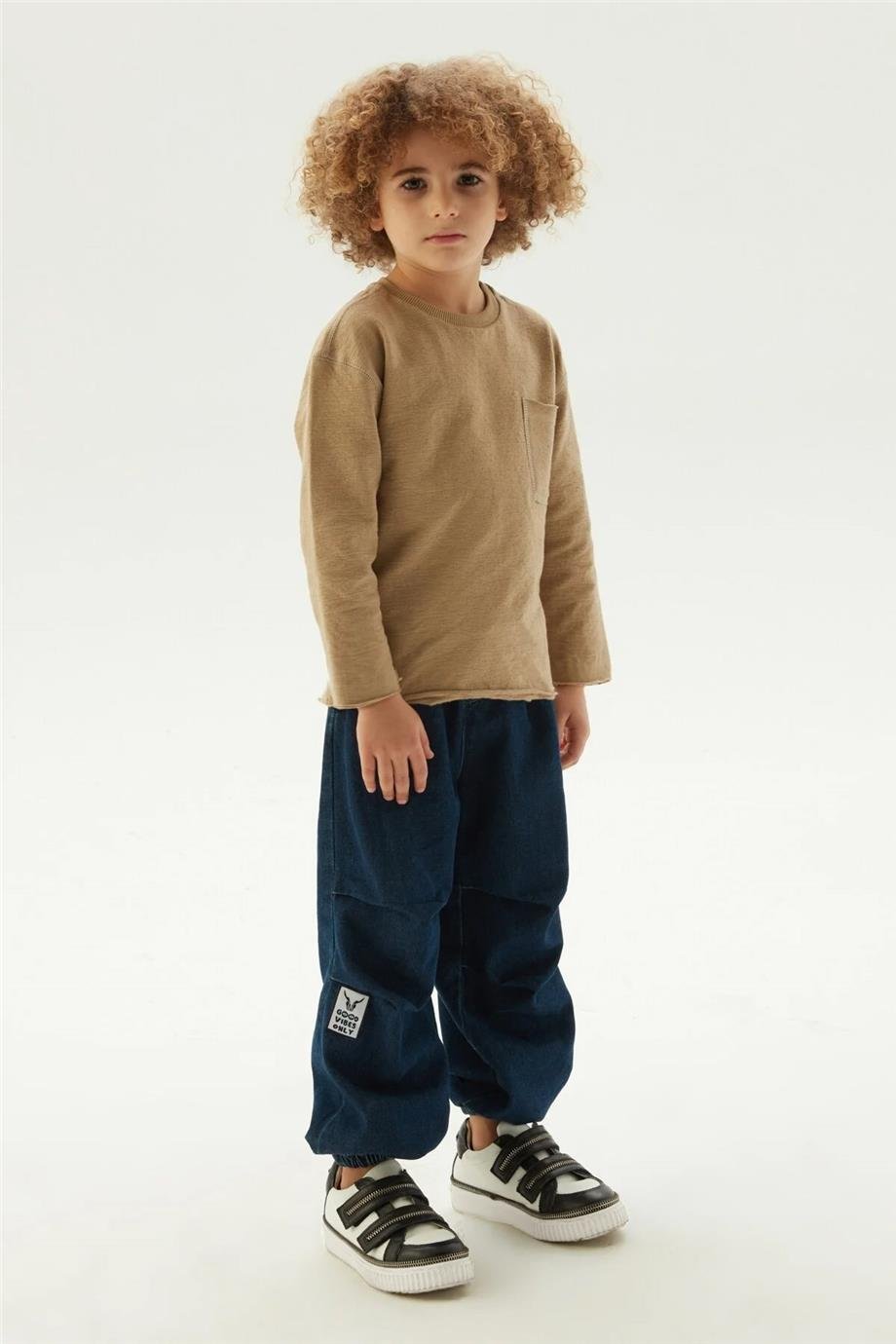 Nebbati Erkek Çocuk Yaka Kol Detaylı Bej Sweatshirt