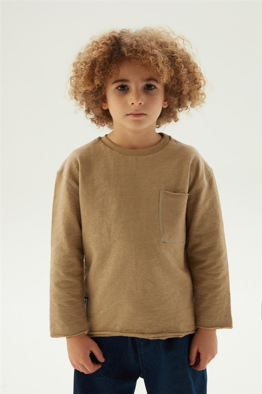 Nebbati Erkek Çocuk Yaka Kol Detaylı Bej Sweatshirt